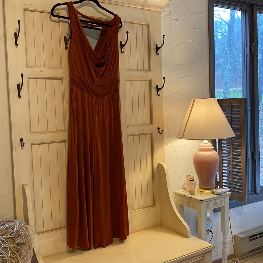 Anthropology sleeveless cowl neck draped back palazzo jumpsuit with pockets